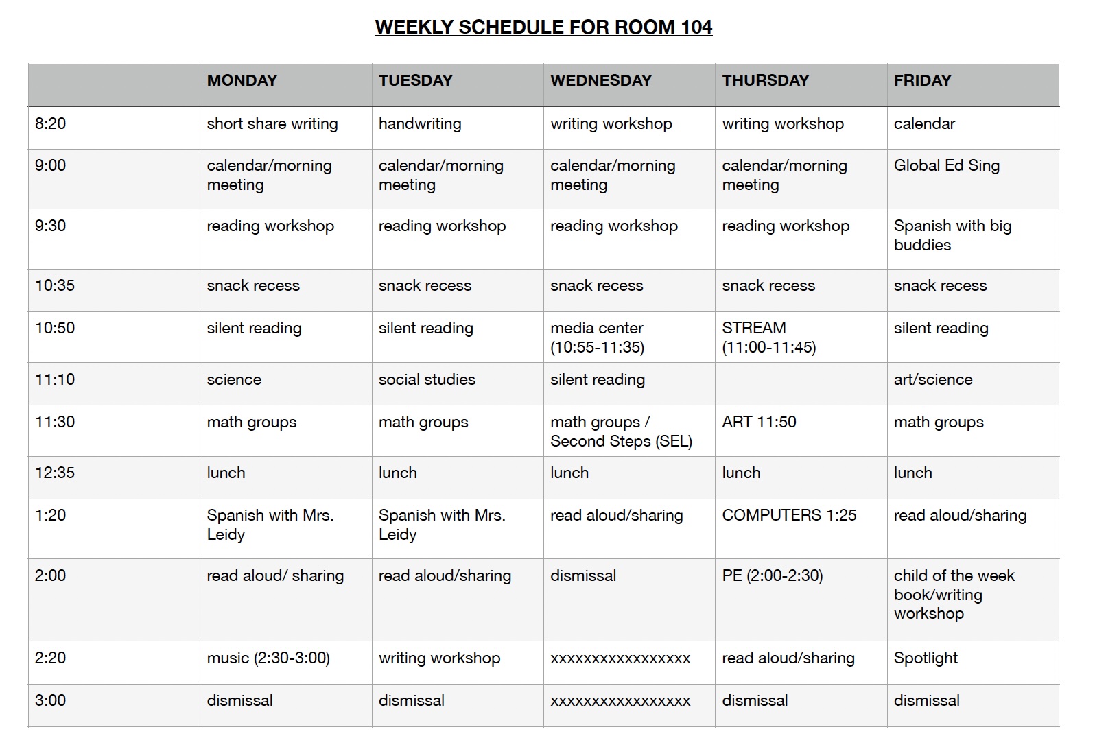 Room 104 Class Schedule